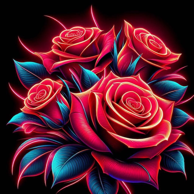 Hyperrealistische vectorkunst trendy feestelijke rode boeket neon gekleurde rozen bloemen geïsoleerd zwart