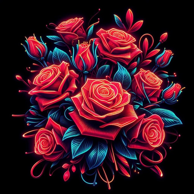 PSD hyperrealistische vectorkunst trendy feestelijke rode boeket neon gekleurde rozen bloemen geïsoleerd zwart