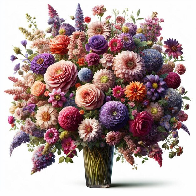 Hyperrealistische vectorkunst valentijnsdag boeket kleurrijke bloemen vase geïsoleerde witte achtergrond