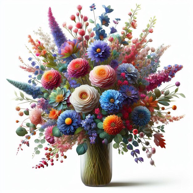 PSD hyperrealistische vectorkunst valentijnsdag boeket kleurrijke bloemen vase geïsoleerde witte achtergrond