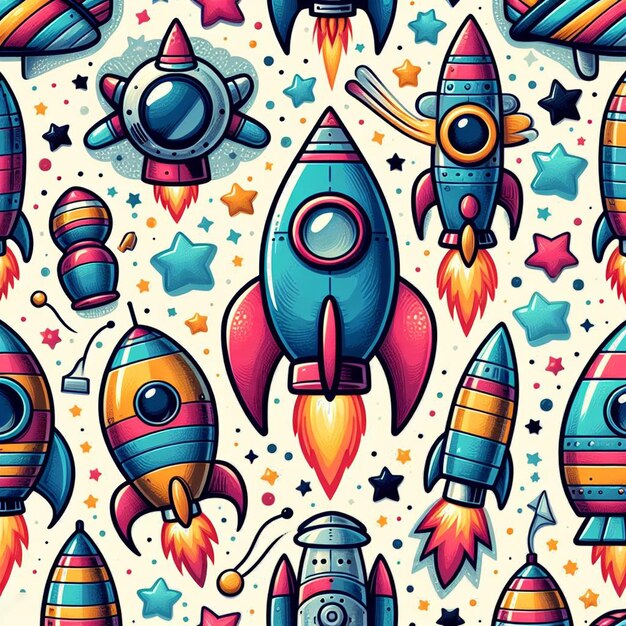 Hyperrealistyczna Bezszwodowa Przestrzeń Kolorowy Wektor Wzór Tekstura Tkanina Rakiety Ufo Astronauty Obcy