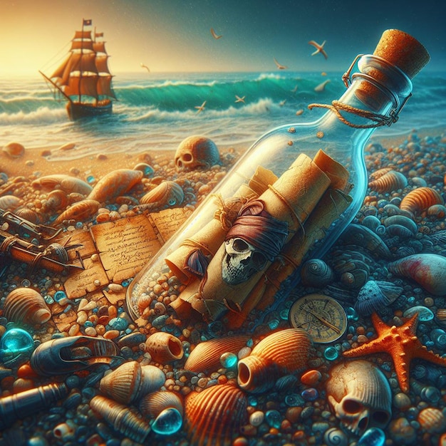 PSD hyperrealistyczne, żywe, karaibskie, tropikalne przesłanie w butelce, skarb piratów, zachód słońca na plaży.