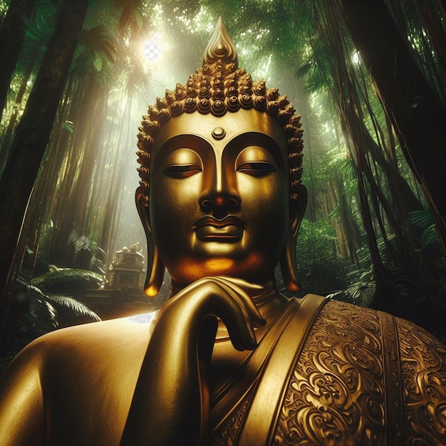 PSD hyperrealistyczny święty święty złoty posąg buddy w dżungli świecący w słońcu dla modlących się rąk