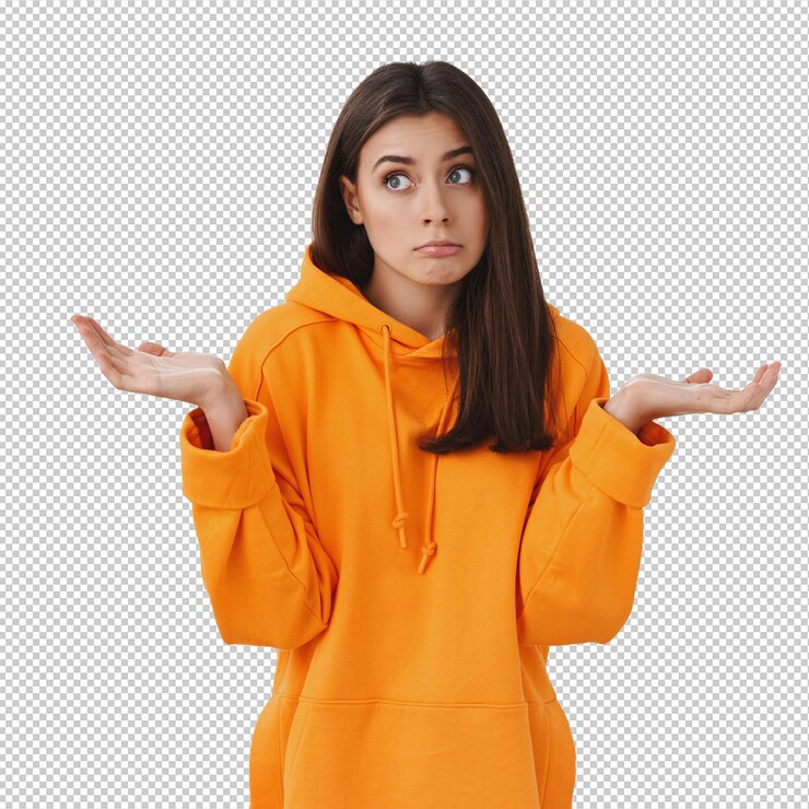 PSD i dont know indecisive silly brunette woman shrugging with hands spread sideways look aside and pouting confused have no idea what tell cant answer question standing puzzled white wall