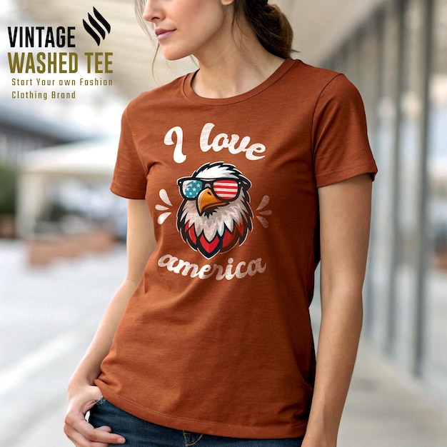 I Love America Eagle Tee Burnt Sienna ミニマリスト ビンテージ ウォッシュ ティー モックアップ