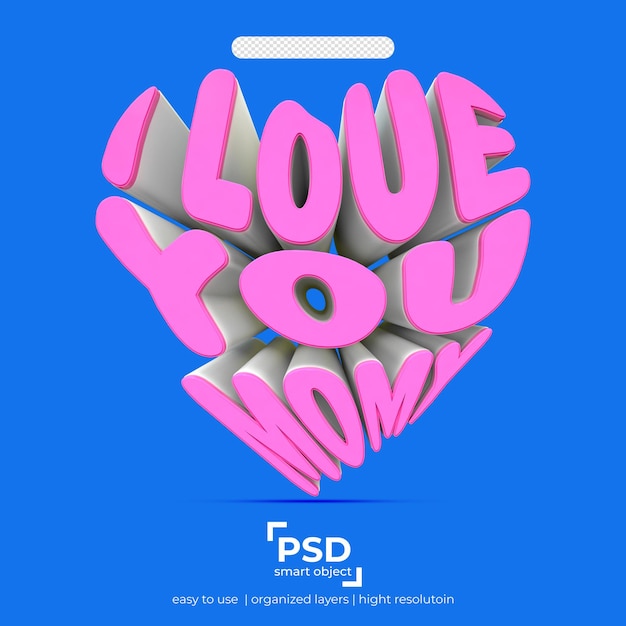 Я люблю тебя, мама, 3d форма сердца на изолированном фоне с передним розовым