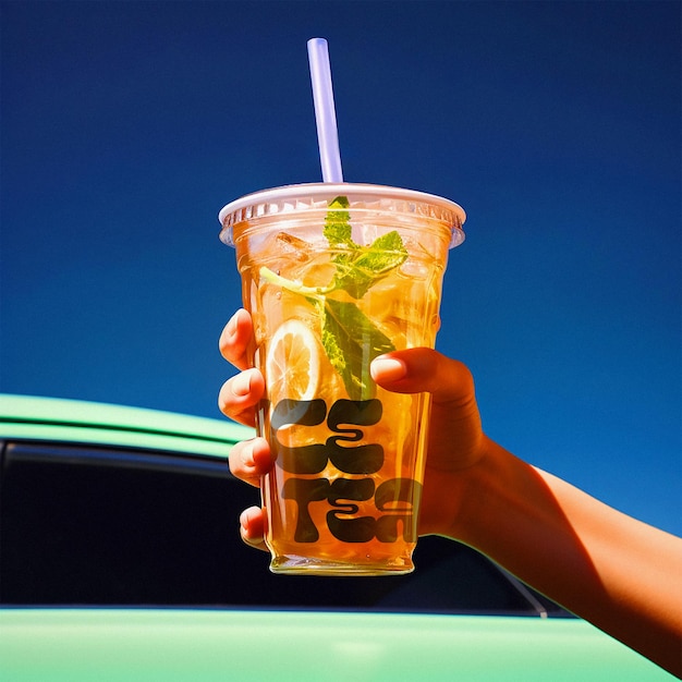 PSD ice bubble tea vintage mockup drive in