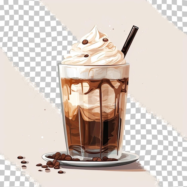 Caffè al cioccolato e ghiaccio servito in una tazza nera con sfondo trasparente