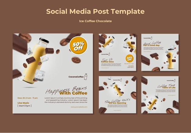PSD post sui social media con caffè ghiacciato e cioccolato