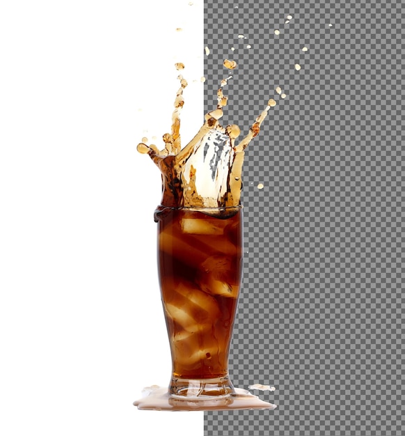 PSD ice coffee drink and ice tea tall glass splash up in air cold brew ice coffee tea in cool glass drop splash and spill out of glass white background isolated high speed shutter freeze motion