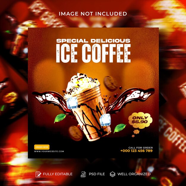 Ice Coffee shop drink menu Square promotion social media Instagram post banner design template