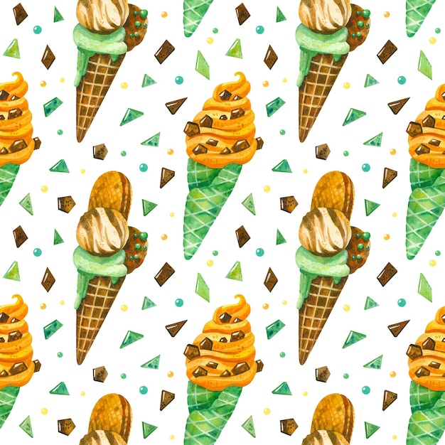 Ice cream and chocolate chips seamless pattern Summer desserts color drawing Ice cream cones