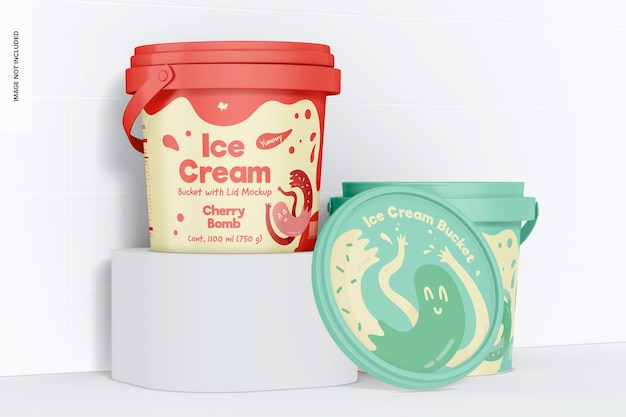 PSD ice cream buckets with lid mockup, closed and opened