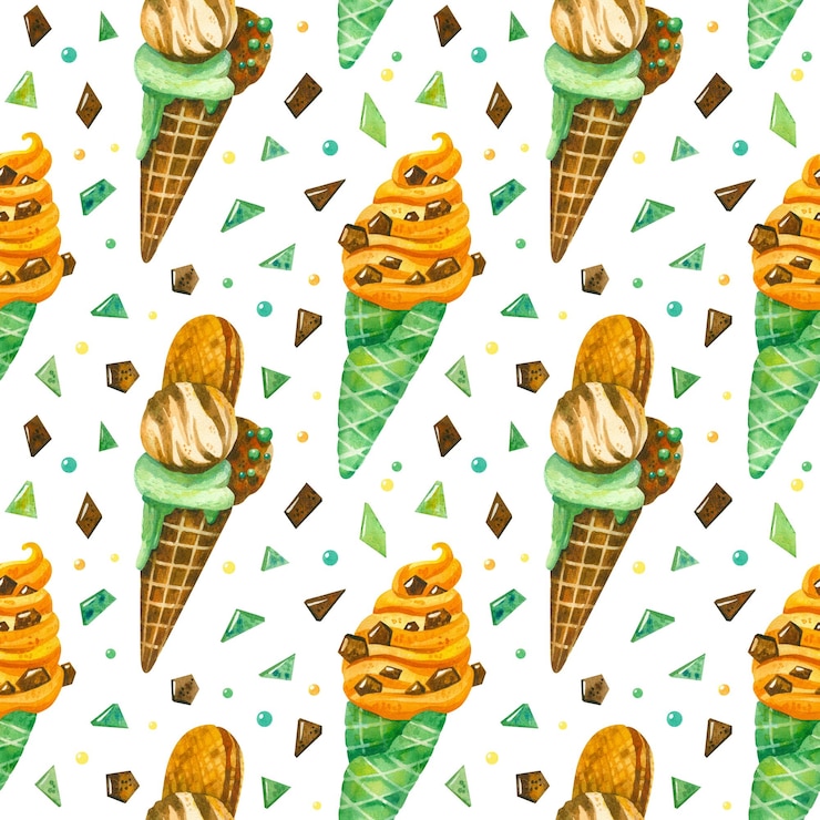 PSD ice cream and chocolate chips seamless pattern summer desserts color drawing ice cream cones