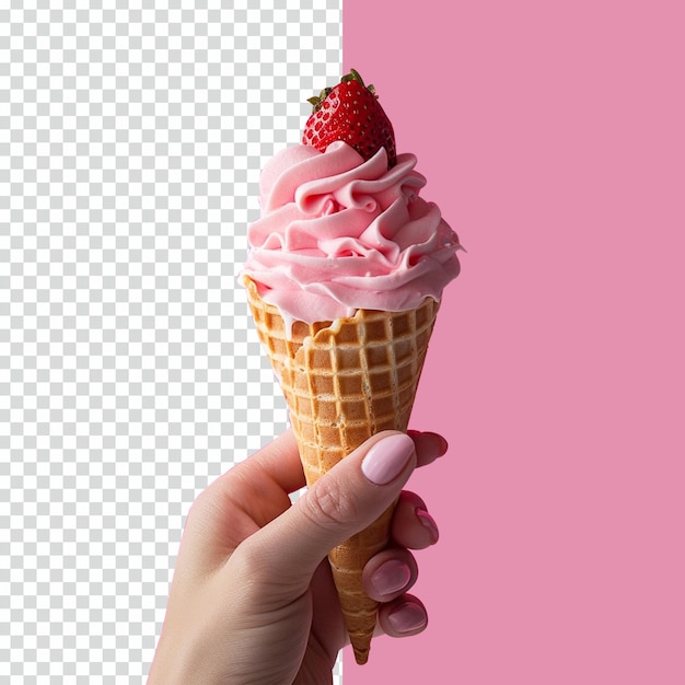 PSD ice cream cone with cherry holding by hand on isolated transparent background