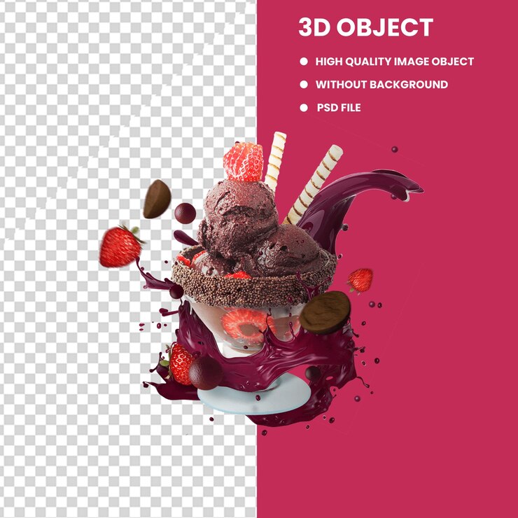 PSD ice cream cone with one scoop in glaze and ice cream cone with could sweet ice cream with chocolate