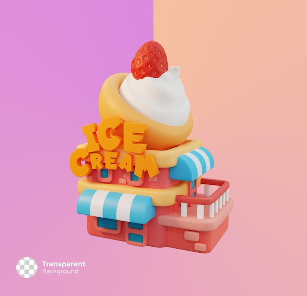 Ice cream little shop icon isolated. minimal cute store building concept. 3d render illustration