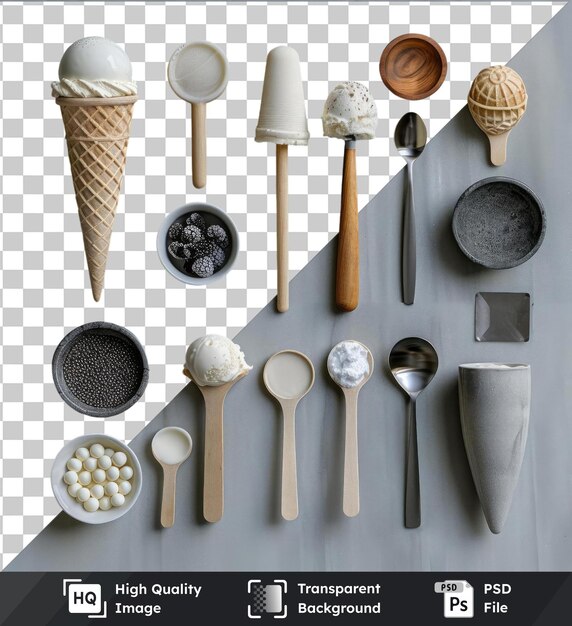 PSD ice cream making set up on a transparent background with a variety of spoons and bowls including silver white and wood spoons as well as a small white bowl