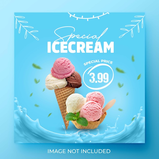 Modello di banner post instagram social media di promozione del menu del gelato