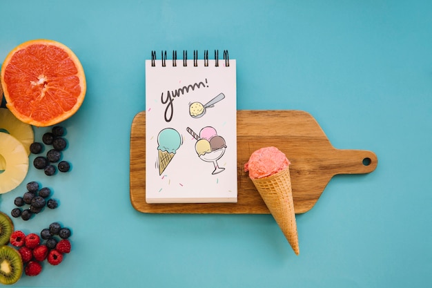 PSD ice cream mockup with notepad