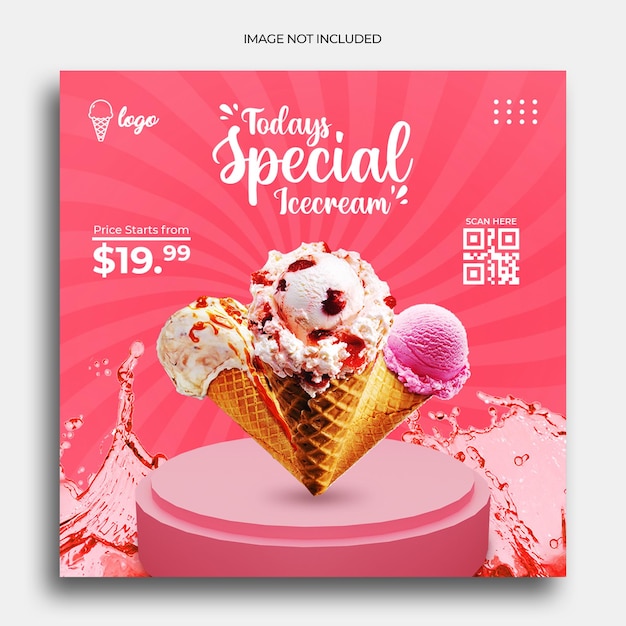 PSD modello di banner post instagram post sui social media per la promozione della vendita di gelato