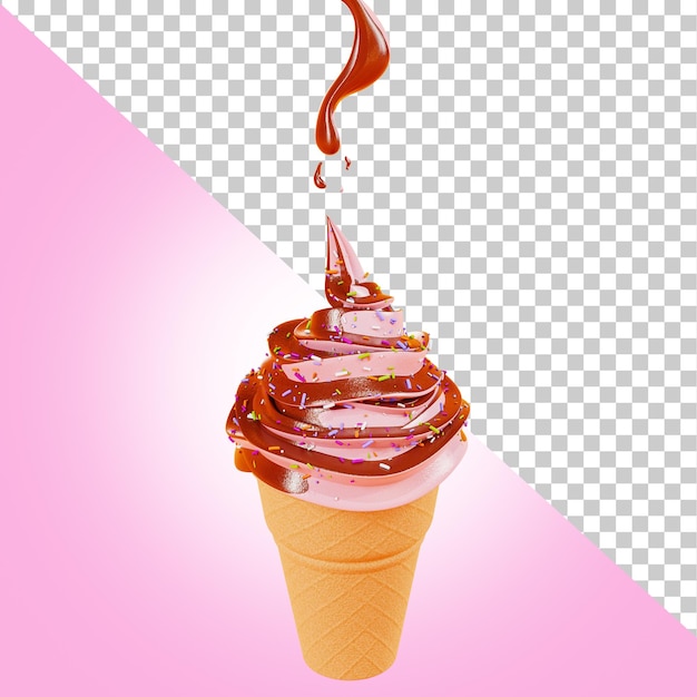 PSD gelato in un cono di cialda gelato alla fragola versato con sciroppo di cioccolato rendering 3d