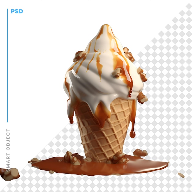 PSD ice cream with caramel sauce on a white background 3d rendering