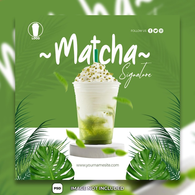 PSD ice matcha social media post template leaves ornament