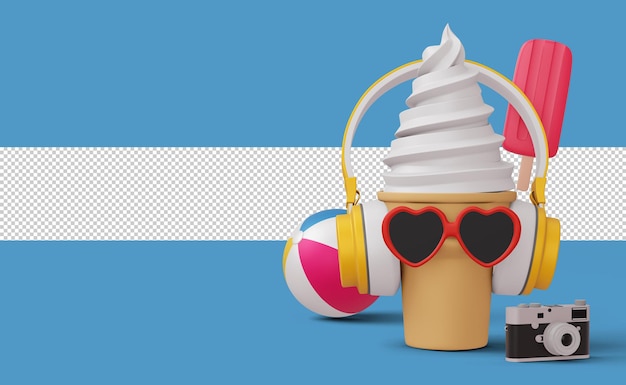 PSD cuffie waring gelato con fotocamera e pallone da spiaggia, rendering 3d stagione estiva