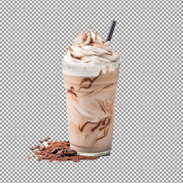 PSD iced coffee covered with whipped cream in plastic glass isolated on white background