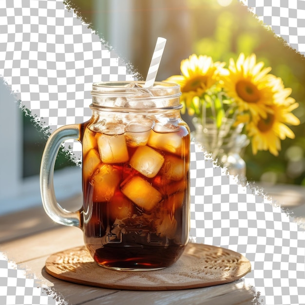 PSD iced coffee in a mason jar enjoyed outdoors under the summer sun transparent background