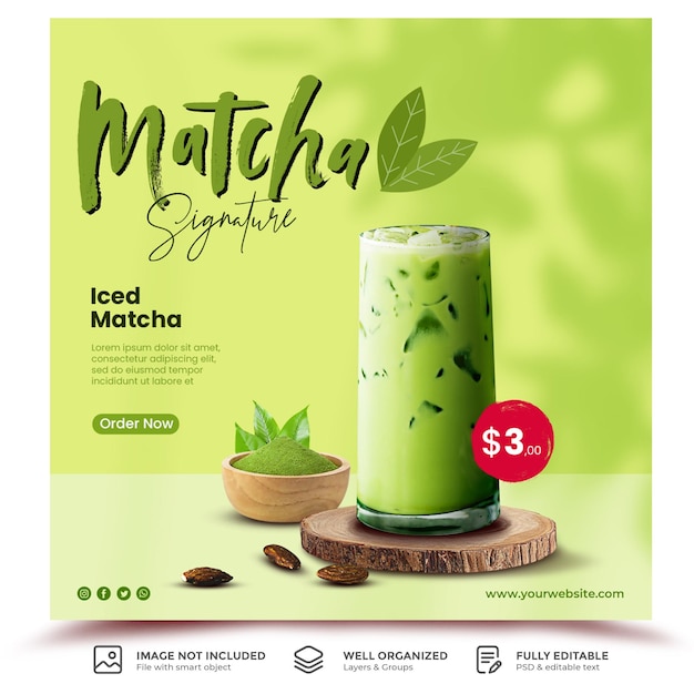 Iced matcha drink menu promotion social media post template