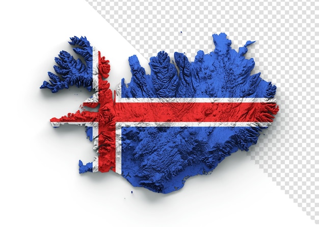 Iceland Map Iceland Flag Shaded relief Color Height map on isolated Background 3d illustration