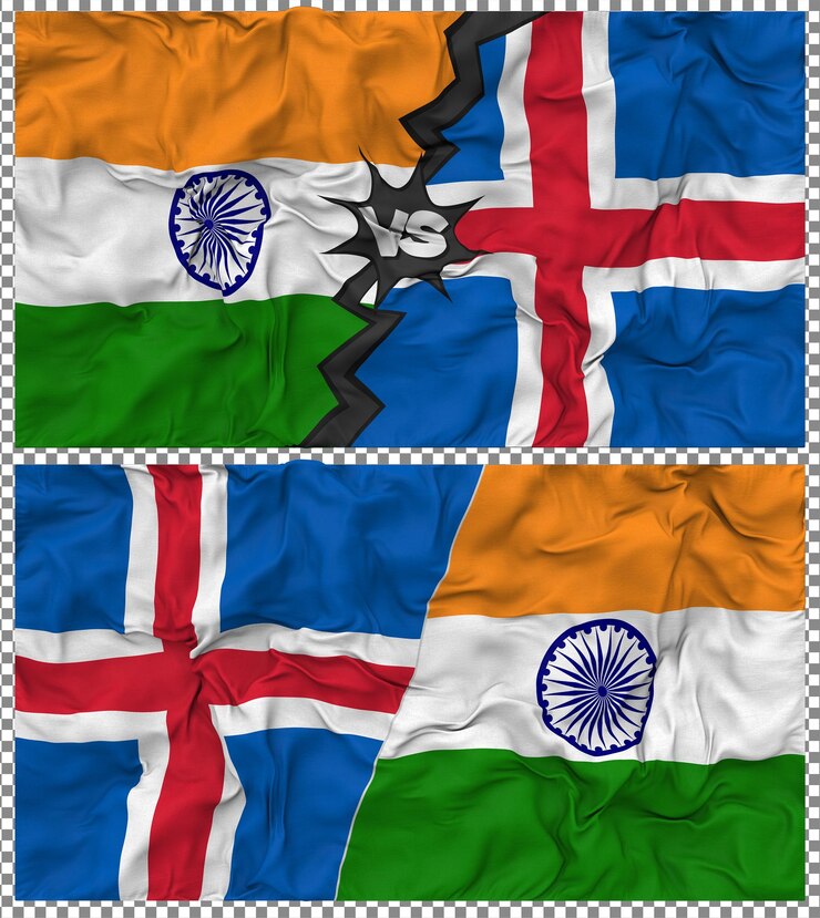 PSD iceland vs india half combined flag cloth bump texture 3d rendering