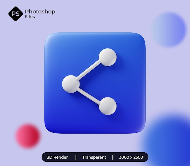 PSD 아이콘 파란색 공유 만화 스타일 3d 렌더링 흰색 사각형 버튼 키 인터페이스 ui ux 요소