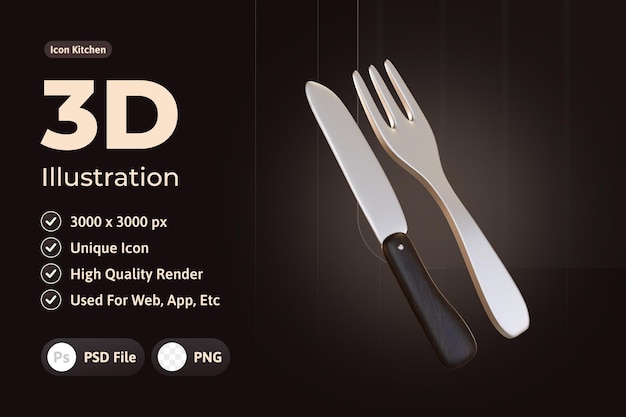 PSD icon kitchen, knife and fork 3d design