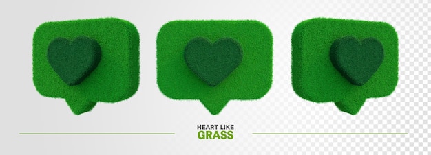 Icon likes heart in grass 3d render realistic