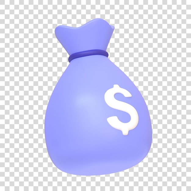 Icon van een paarse geldtas met een wit dollarteken op een witte achtergrond Minimalistische cartoon stijl 3D-rendering