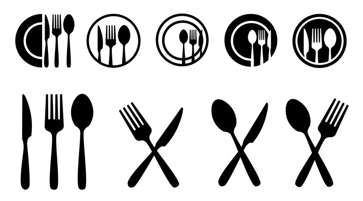 PSD iconen voor bestek en borden set vork, mes en lepel symbolen voor restaurant- of voedingsdiensten