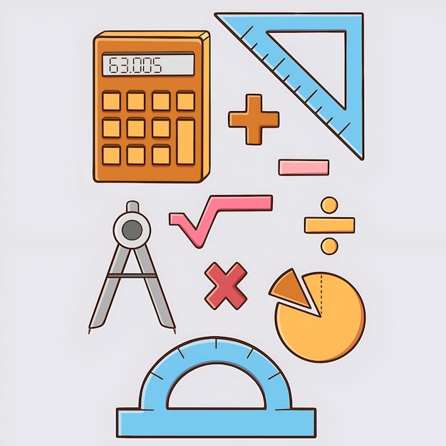 Icone legate alla matematica come calcolatrice, righelli, segni di sottrazione, aggiunta, divisione e mul.