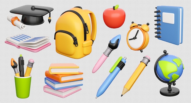 Icons set for back to school, learning and online education banners. 3d render