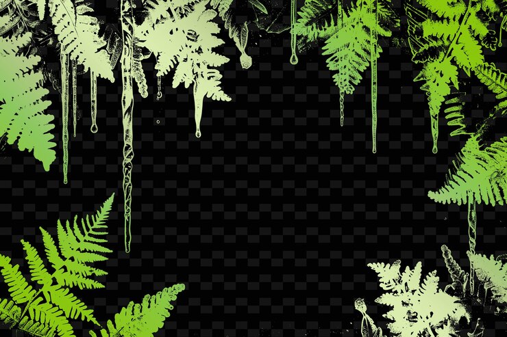 PSD icy fern frame surrounded by frost tipped ferns and dangling creative vector art designs of nature