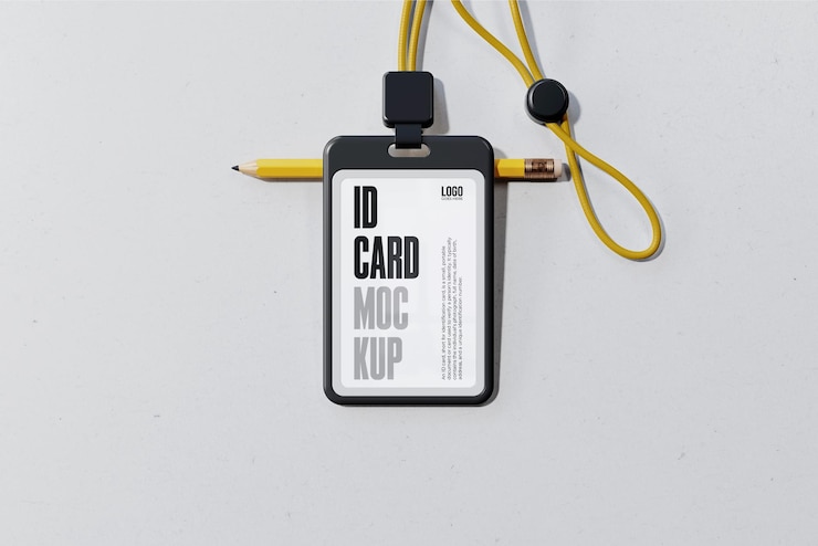 PSD id card mockup with yellow lanyard and pencil