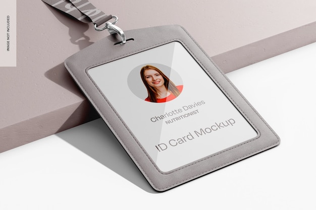 PSD id card with leather holder mockup leaned