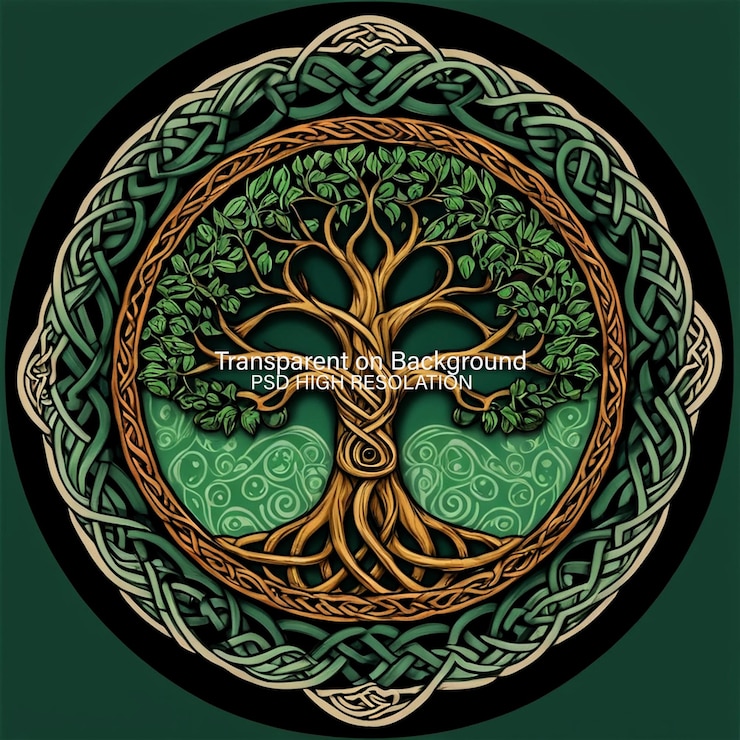 PSD idea for a medallion or print with the tree of life in frame of intertwined runes green on transparent background