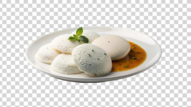 Idli op wit bord op doorzichtige achtergrond