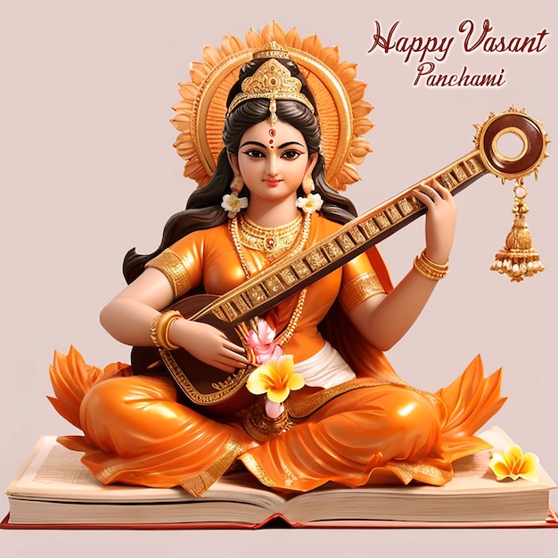 PSD idol of goodness saraswati on book wearing orange saree with musical instrument