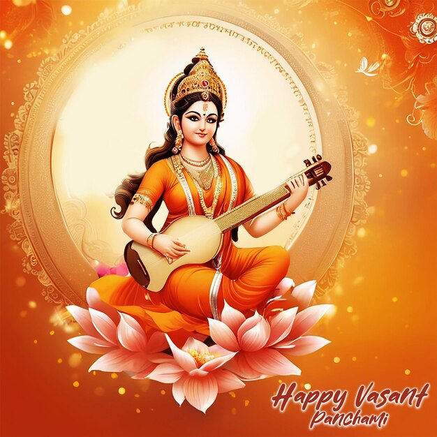 PSD idol of goodness saraswati na książce w pomarańczowym saree z instrumentem muzycznym