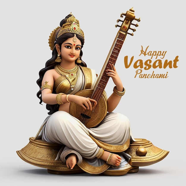 PSD idol van saraswati maa en instrument vasant voor panchami festival