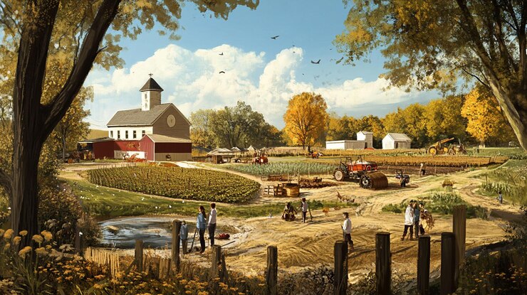 PSD idyllic autumn farm scene with family church and harvest